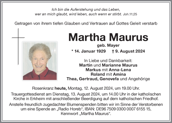 Traueranzeige von Martha Maurus von Memminger Zeitung