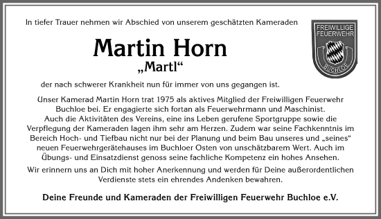 Traueranzeige von Martin Horn von Allgäuer Zeitung, Kaufbeuren/Buchloe