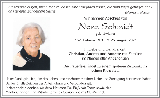 Traueranzeige von Nora Schmidt von Allgäuer Zeitung, Füssen