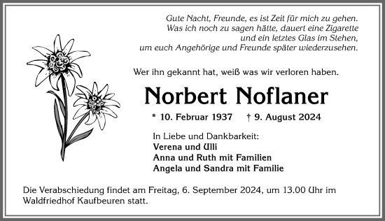 Traueranzeige von Norbert Noflaner von Allgäuer Zeitung, Kaufbeuren/Buchloe