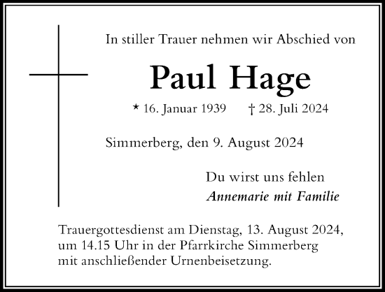 Traueranzeige von Paul Hage von Der Westallgäuer