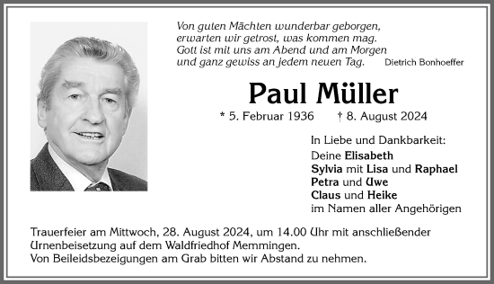 Traueranzeige von Paul Müller von Memminger Zeitung