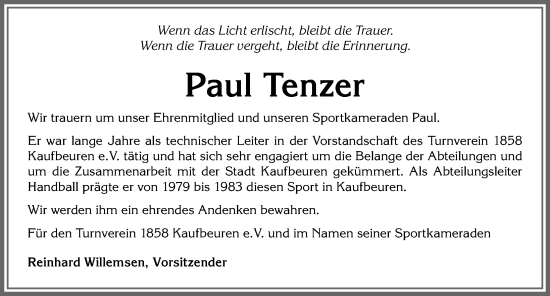 Traueranzeige von Paul Tenzer von Allgäuer Zeitung, Kaufbeuren/Buchloe