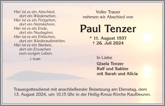 Traueranzeige von Paul Tenzer von Allgäuer Zeitung, Kaufbeuren/Buchloe