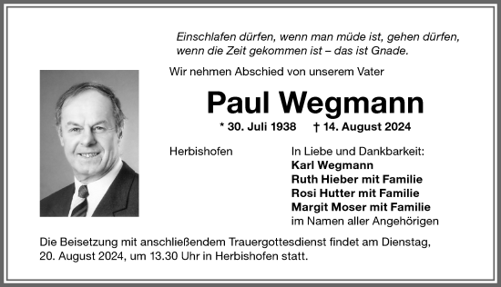 Traueranzeige von Paul Wegmann von Memminger Zeitung