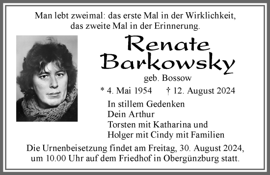 Traueranzeige von Renate Barkowsky von Allgäuer Zeitung, Marktoberdorf