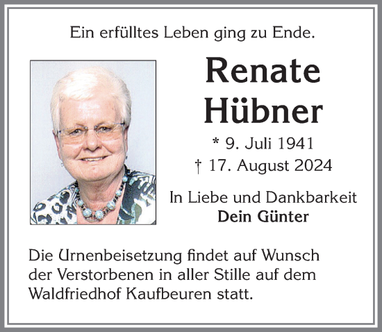 Traueranzeige von Renate Hübner von Allgäuer Zeitung, Kaufbeuren/Buchloe