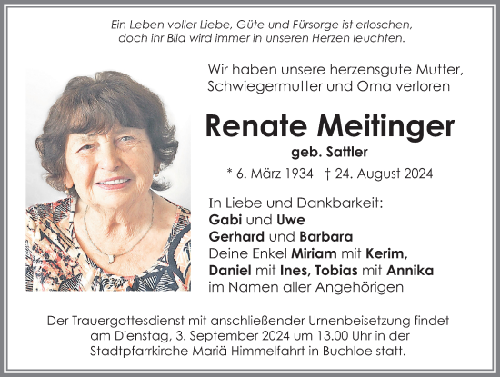 Traueranzeige von Renate Meitinger von Allgäuer Zeitung, Kaufbeuren/Buchloe