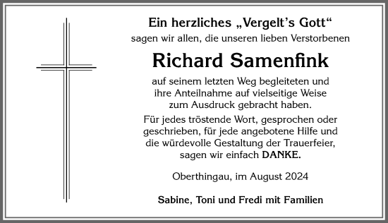 Traueranzeige von Richard Samenfink von Allgäuer Zeitung, Marktoberdorf
