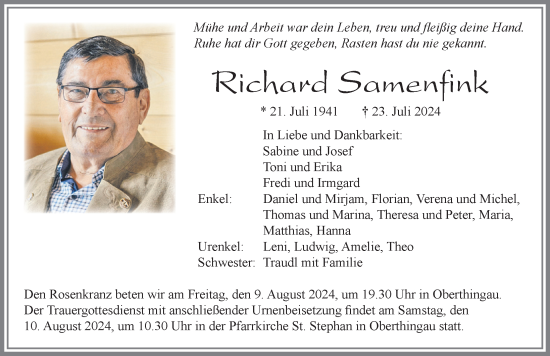 Traueranzeige von Richard Samenfink von Allgäuer Zeitung, Marktoberdorf