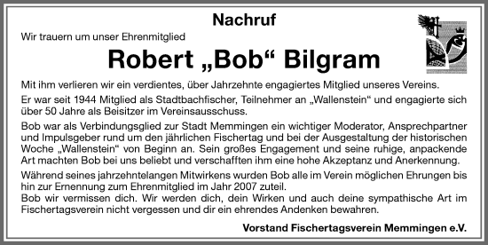 Traueranzeige von Robert Bilgram von Memminger Zeitung