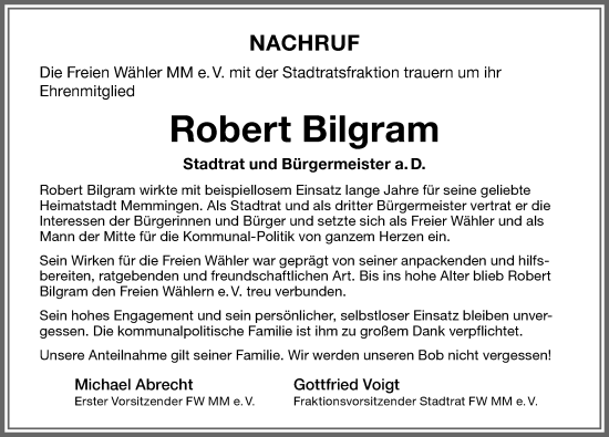 Traueranzeige von Robert Bilgram von Memminger Zeitung