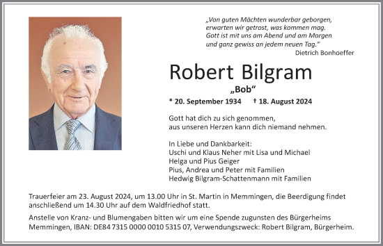 Traueranzeige von Robert Bilgram von Memminger Zeitung