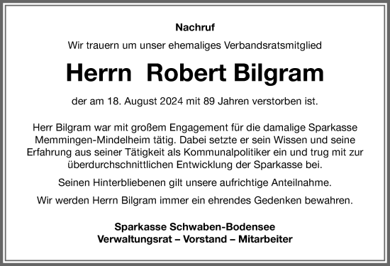 Traueranzeige von Robert Bilgram von Memminger Zeitung