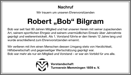 Traueranzeige von Robert Bilgram von Memminger Zeitung