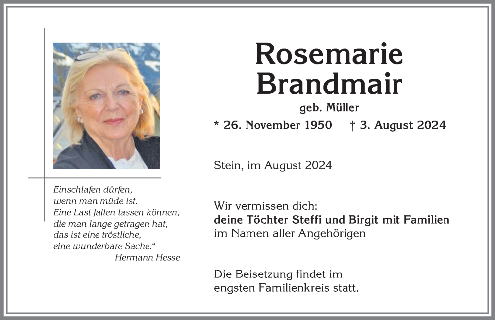  Traueranzeige für Rosemarie Brandmair vom 13.08.2024 aus Allgäuer Anzeigeblatt