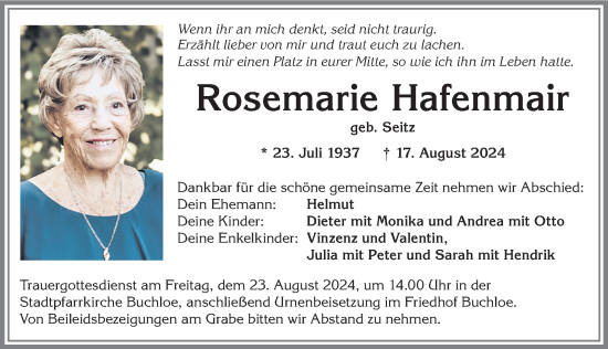 Traueranzeige von Rosemarie Hafenmair von Augsburger Allgemeine, Mindelheimer Zeitung