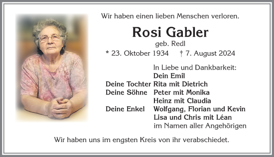Traueranzeige von Rosi Gabler von Allgäuer Zeitung,Kempten