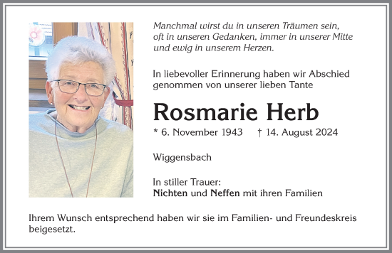 Traueranzeige von Rosmarie Herb von Allgäuer Zeitung,Kempten