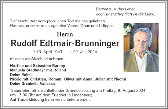 Traueranzeige von Rudolf Edtmair-Brunninger von Allgäuer Zeitung, Kaufbeuren/Buchloe