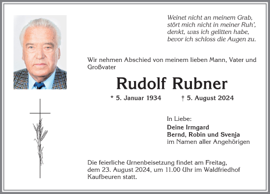 Traueranzeige von Rudolf Rubner von Allgäuer Zeitung, Kaufbeuren/Buchloe