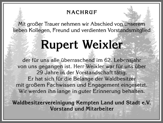 Traueranzeige von Rupert Weixler von Allgäuer Zeitung,Kempten