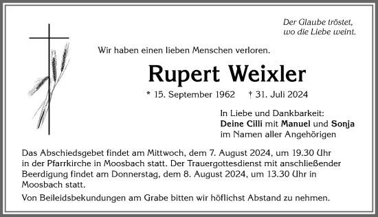 Traueranzeige von Rupert Weixler von Allgäuer Zeitung,Kempten