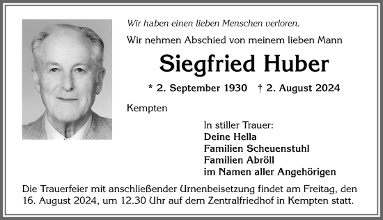 Traueranzeige von Siegfried Huber von Allgäuer Zeitung,Kempten