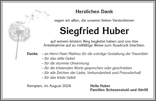 Traueranzeige von Siegfried Huber von Allgäuer Zeitung,Kempten