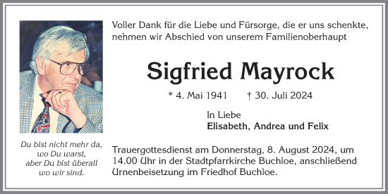 Traueranzeige von Sigfried Mayrock von Allgäuer Zeitung, Kaufbeuren/Buchloe