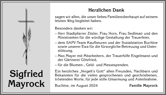 Traueranzeige von Sigfried Mayrock von Allgäuer Zeitung, Kaufbeuren/Buchloe