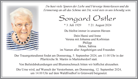 Traueranzeige von Songard Ostler von Allgäuer Zeitung, Marktoberdorf