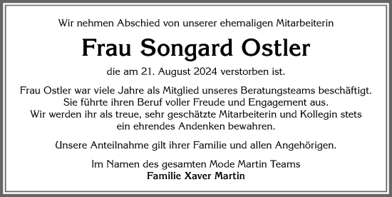 Traueranzeige von Songard Ostler von Allgäuer Zeitung, Marktoberdorf