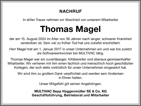 Traueranzeige von Thomas Magel von Allgäuer Zeitung,Kempten