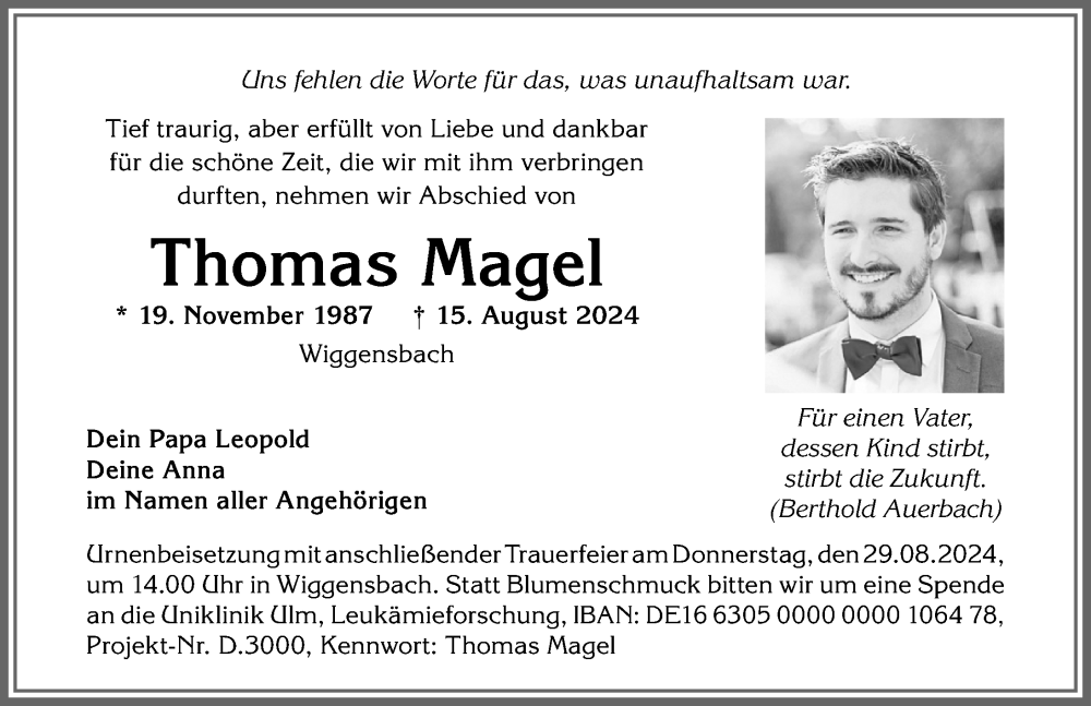  Traueranzeige für Thomas Magel vom 24.08.2024 aus Allgäuer Zeitung,Kempten