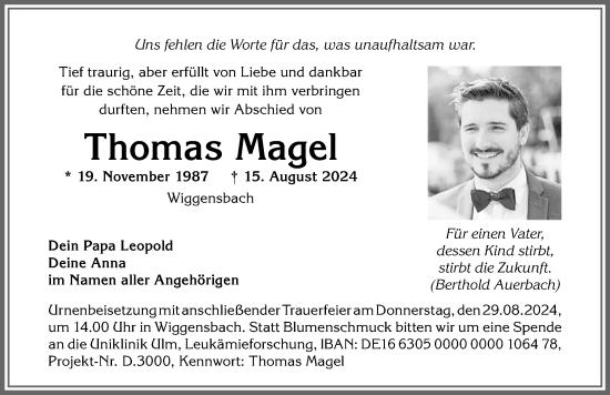 Traueranzeige von Thomas Magel von Allgäuer Zeitung,Kempten
