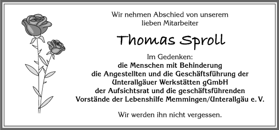 Traueranzeige von Thomas Sproll von Memminger Zeitung
