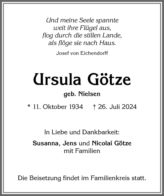 Traueranzeige von Ursula Götze von Allgäuer Zeitung,Kempten