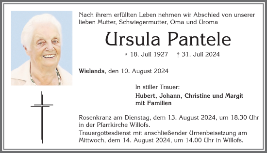 Traueranzeige von Ursula Pantele von Allgäuer Zeitung, Marktoberdorf