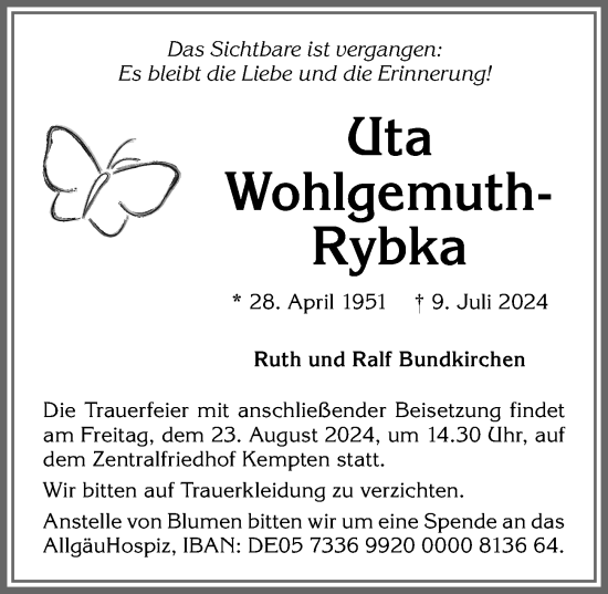 Traueranzeige von Uta Wohlgemuth-Rybka von Allgäuer Zeitung,Kempten