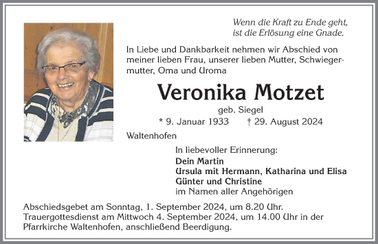 Traueranzeige von Veronika Motzet von Allgäuer Zeitung,Kempten