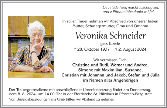 Traueranzeige von Veronika Schneider von Allgäuer Zeitung, Füssen