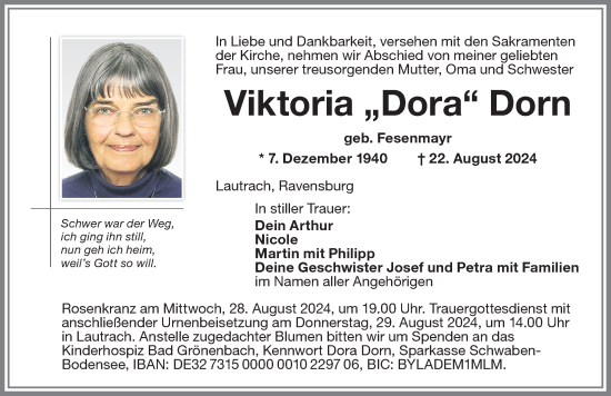 Traueranzeige von Viktoria Dorn von Memminger Zeitung