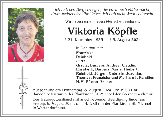 Traueranzeige von Viktoria Köpfle von Allgäuer Zeitung, Kaufbeuren/Buchloe