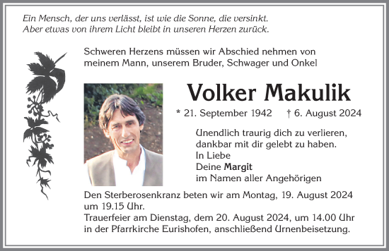 Traueranzeige von Volker Makulik von Allgäuer Zeitung, Kaufbeuren/Buchloe