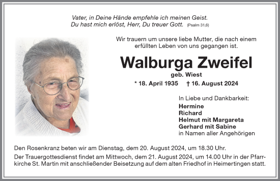 Traueranzeige von Walburga Zweifel von Memminger Zeitung