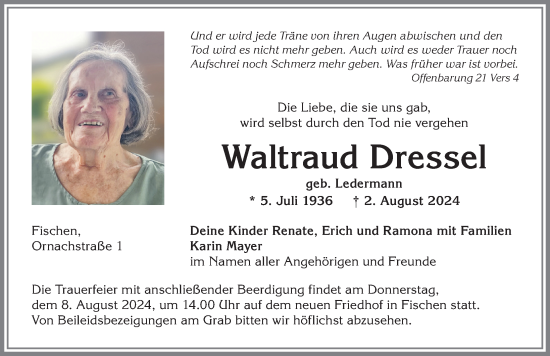 Traueranzeige von Waltraud Dressel von Allgäuer Anzeigeblatt
