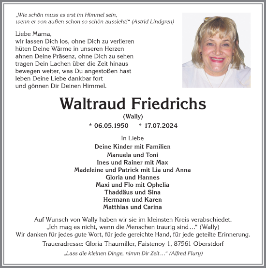 Traueranzeige von Waltraud Friedrichs von Allgäuer Anzeigeblatt