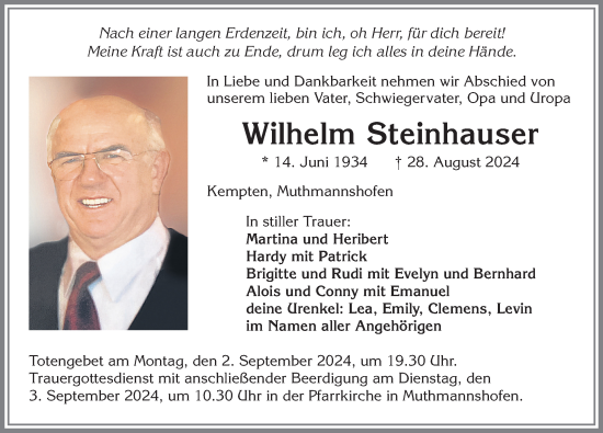 Traueranzeige von Wilhelm Steinhauser von Allgäuer Zeitung,Kempten