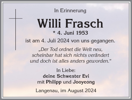 Traueranzeige von Willi Frasch von Allgäuer Zeitung,Kempten